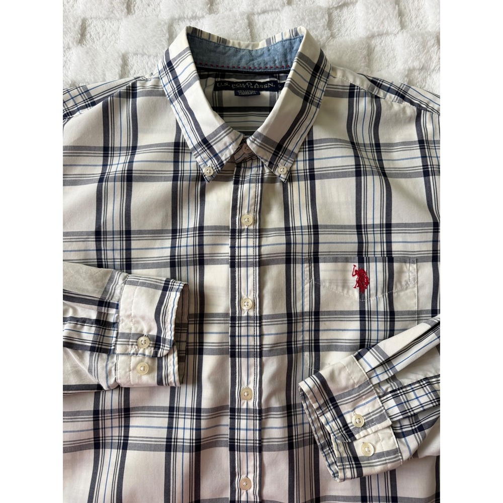 US Polo Assn Mens Plaid Button Down Shirt Navy Blue/White Long Sleeve Sz L - EUC